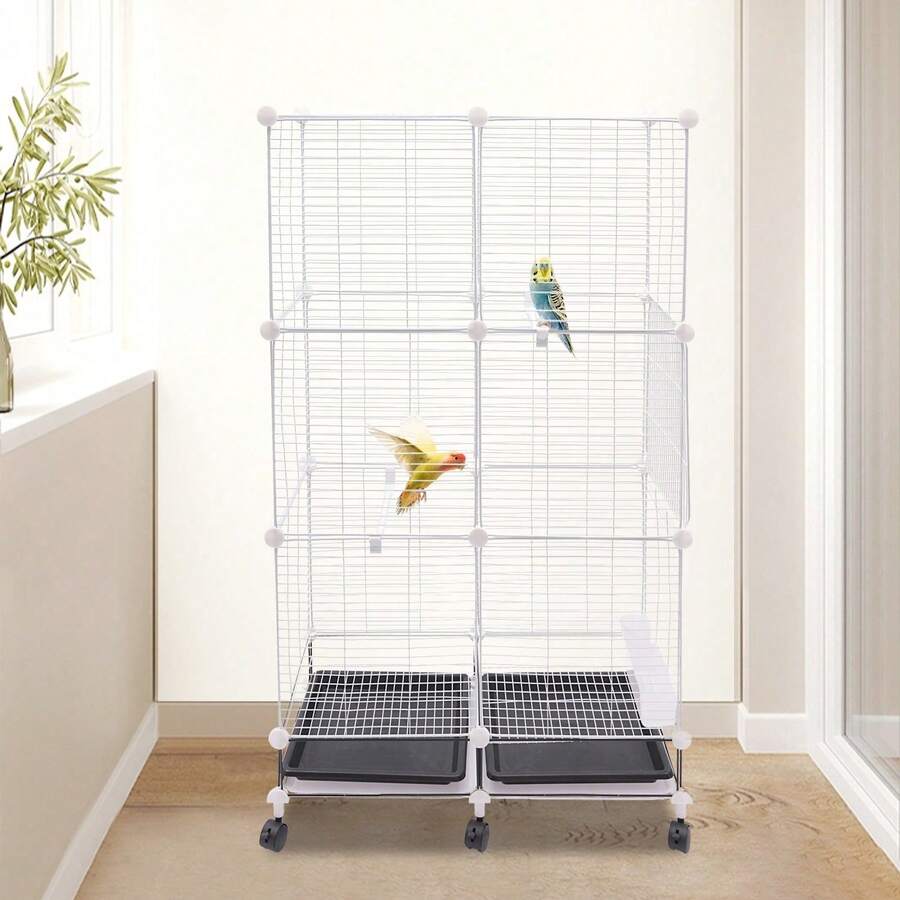 SanBouSi Large 3-Tier Bird Cage With Wheels & Brakes, 360° Full View 29.5"X14.6"X49.2" Aviary For Parrots Finches, Complete With Feeders & Perches - White and Black - View 1