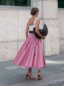 Falda A-line versátil de talle alto a cuadros para mujer, adecuada para primavera y verano, color rojo - Rojo - Ver 6