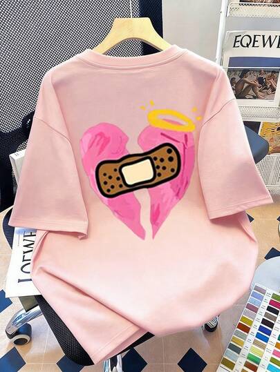 Plus Size Women's Casual Crew Neck Broken Heart Graphic Short Sleeve T-Shirt, Suitable For Daily Wear, Outing, Holiday, Beach, Party, Birthday, Beach, Gathering, School, Music Festival, Vacation, Commuting
