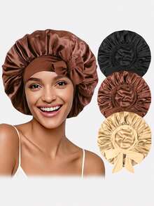 1 件女士仿丝睡帽，宽边，蝴蝶结装饰和头发包裹功能丝绸帽缎子帽情人节 - 酒紅色 - 查看 14