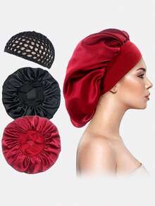 1 件女士仿丝睡帽，宽边，蝴蝶结装饰和头发包裹功能丝绸帽缎子帽情人节 - 酒紅色 - 查看 12