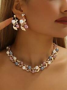 3pcs Women's Diamond Rhinestone Jewelry Set, Necklace & Earrings, Gold Plated, Suitable For Party, Wedding, Gift For Girlfriend, Mom - Colorful - View 2