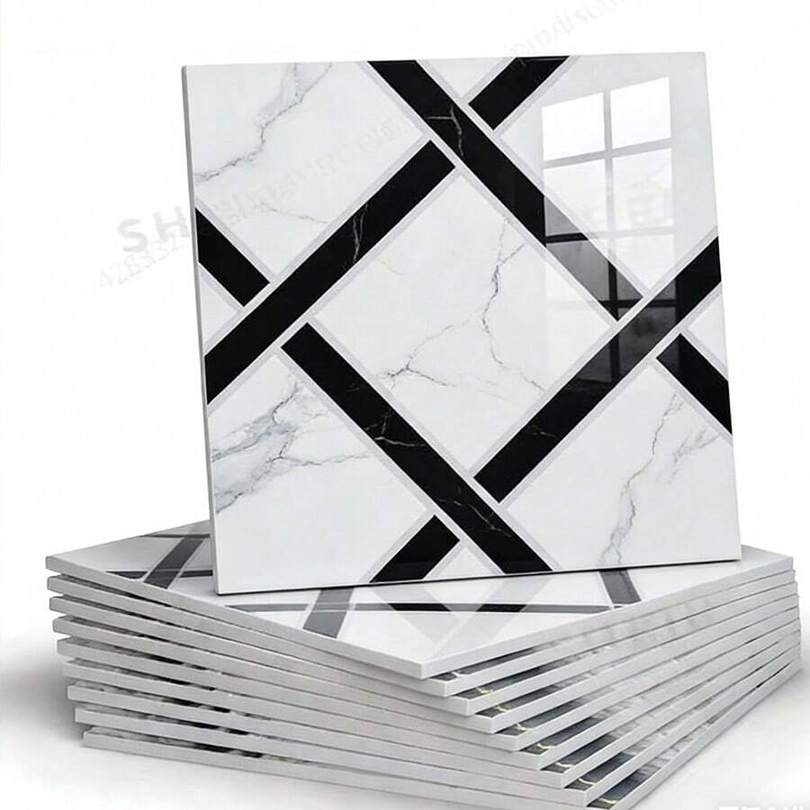 MORCART Peel And Stick Floor Tiles, Waterproof Vinyl Flooring, DIY Flooring Suitable For Bathrooms, Kitchens, Fireplaces, Pet Houses, Stairs, Bedrooms, Walls (20 Pieces, 7.8 Inches X 7.8 Inches, Marble Stripes) - 幾何條紋 - 查看 1