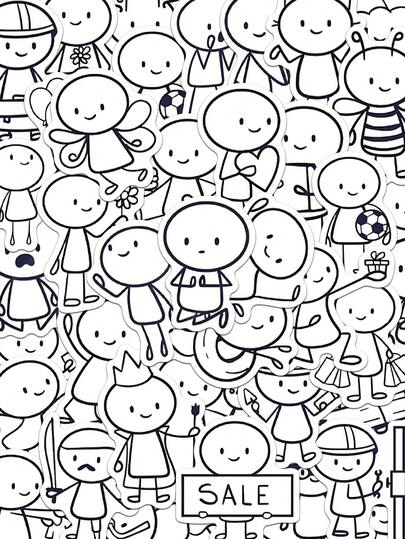 66张黑白Q版反派绘画素材贴纸手册笔记本电脑手机壳行李箱装饰贴纸