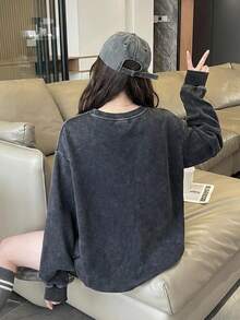 女式学生简约经典复古美式黑色个性化水洗Y2K雏菊英文字母印花宽松休闲日常长袖T恤，返校秋冬春季T恤 - 黑色 - 查看 2