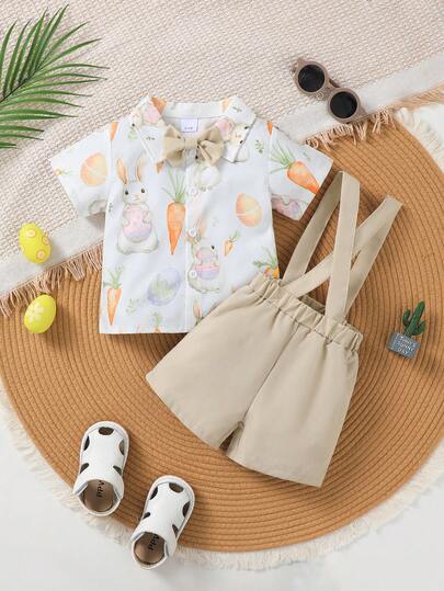 男婴复活节三件套服装：短袖衬衫（带领）、领结、兔子和彩蛋印花、背带短裤、春夏绅士套装