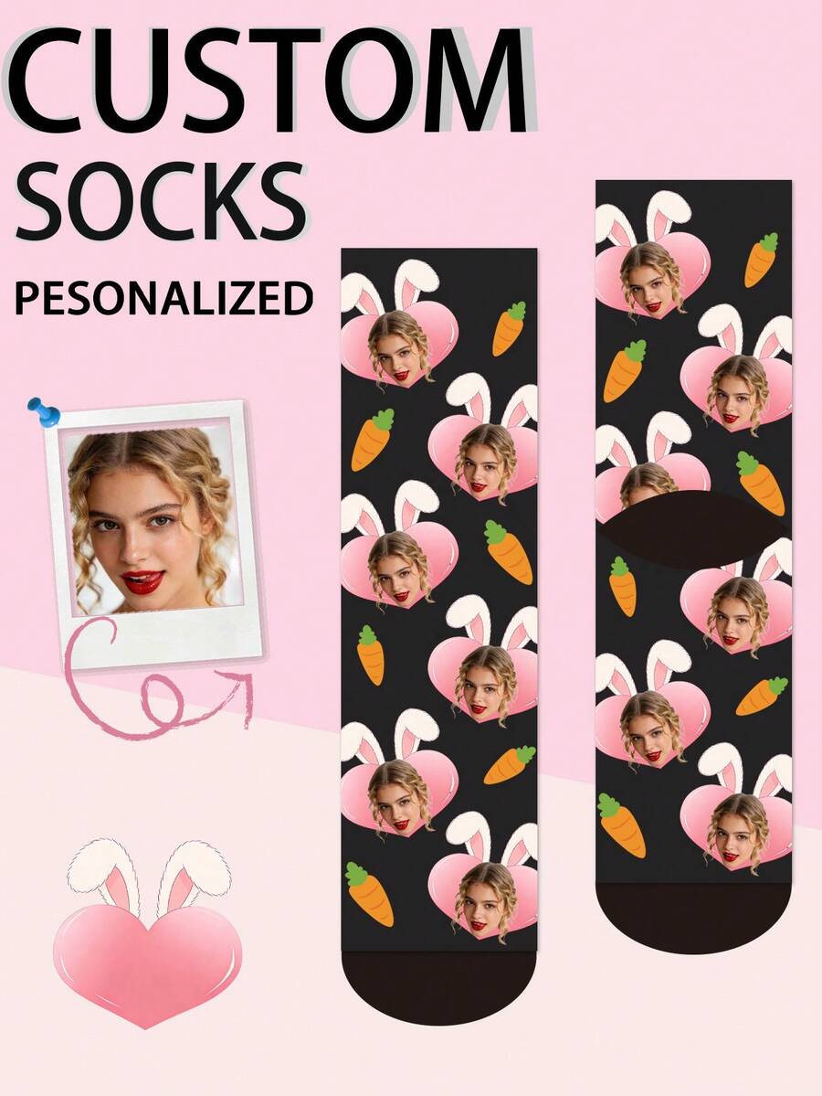 1 Pair Customized Boat Socks With Bow Tie Pattern, Personalized Face Design, Couples Socks, Custom Photo Socks, Custom Printed Socks, Personalized Funny Face Pattern Socks, Custom Image Socks, Any Design Can Be Printed On Socks, Anniversary Gift, Valentine's Day Gift, Birthday Gift - Black - View 1