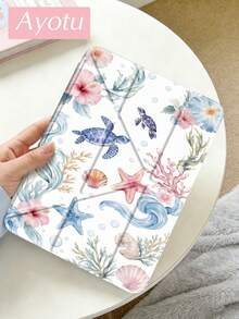 海洋生物图案保护套，带笔槽，Y型支架翻盖设计，兼容A16、Pro 13/12.9/11、Air 11/13、Mini、Air 11英寸、Kindle（第11代，2024年发布）、Kindle Paperwhite（第12代，2024年发布） - 彩色 - 查看 3