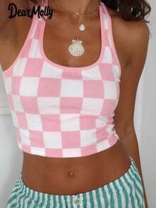 DEAR MOLLY 复古格纹吊带露脐短款背心，露脐针织短款背心，露背性感女式背心，适合春夏日常休闲穿着，粉色 - 粉色 - 查看 3