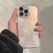 1pc Fashionable White Line Floral Minimalist Pattern Luxury Glitter Transparent Full Coverage TPU Shockproof Phone Case Compatible With Iphone 11 12 13 14 15 16 17 Pro Max - White - View 4