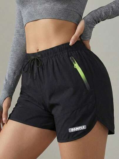 Women's Summer Casual Drawstring Waist Sports Shorts With Zipper Pockets, Neon Detail Quick Dry Active Bottoms For Jogging & Gym