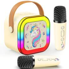 ODAPTO Máquina de karaoke para niños con 2 micrófonos, altavoz Bluetooth inalámbrico, diseño de unicornio, adecuado como regalo de cumpleaños para niñas de 6 a 12 años, micrófono de juguete para niños - Beige - Ver 10