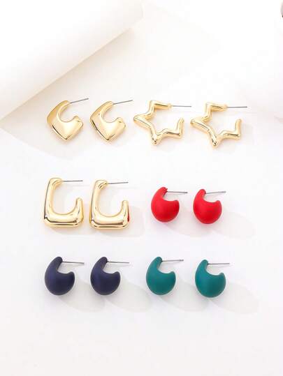 6pcs Set Colorful Matte Finish Foil Stud Earrings, Sweet & Cool Fashion Essential
