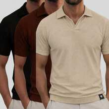 Kit Of 3 Textured Italian Polo Shirts Without Buttons, Slim Sleeves. - Đen, Nâu và Be - Xem 1