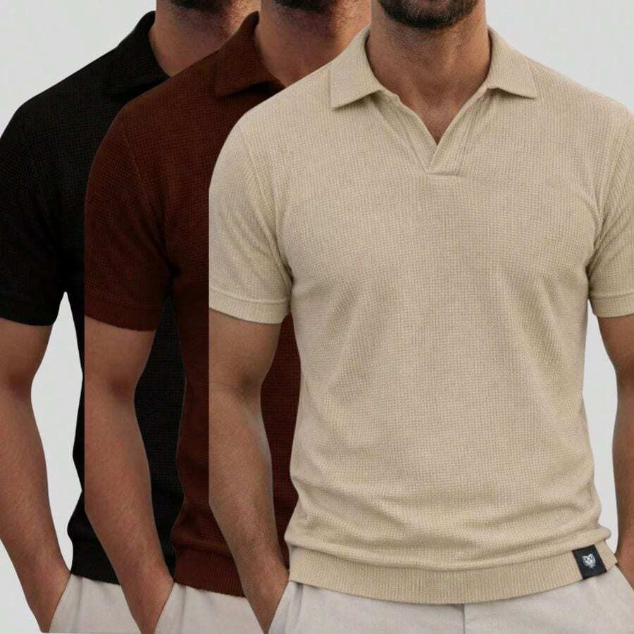 Kit Of 3 Textured Italian Polo Shirts Without Buttons, Slim Sleeves. - Đen, Nâu và Be - Xem 1