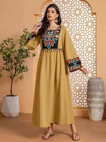Women's Arabic Style Long Sleeve Round Neck Embroidered Patchwork Beaded Hem Dress, Everyday Wear - Ginger - View 2