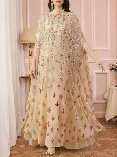 Vestido elegante de 2 piezas con cuello alto, bordado y con cuentas y lentejuelas en estilo árabe, adecuado para ocasiones formales como fiestas