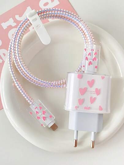 5件套欧盟标准粉色全屏爱心图案20W充电器保护壳，适用于 16/15/14/12/11充电线，防摔防快充，生日/男友/女友礼物