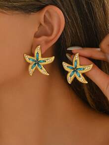 1对复古简约海洋风耳环，时尚海星优雅配饰 - 金色 - 查看 1