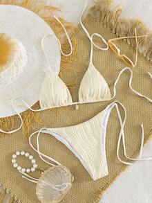Summer Sweet Textured Fabric Tie-Up Solid Color Spaghetti Strap Sexy Bikini Swimwear 2 Pieces Set Vacation Beach - Apricot - View 3