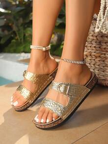 2026 Summer Women's Fashion Crocodile Embossed Mule Flat Slippers, Slip-On Thick Sole Single Buckle Outdoor Sandals, Casual Commute Vacation Soft Bottom Lightweight Beach Shoes - Gold - View 2