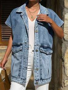 Women's Casual Washed Sleeveless Denim Top - Blue - View 3
