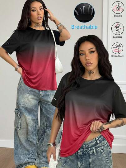 Women's Casual Gradient Round Neck Breathable Short Sleeve T-Shirt, Suitable For Spring And Summer
