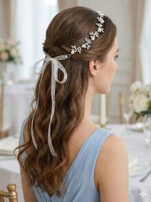 1 tiara com folha de prata e pérolas strass, acessório de cabelo para noivas e madrinhas, laço de fita para fotos de noivado. - Prata - Ver 2