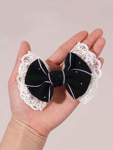 2pcs Black Hair Clips For Women, Solid Corduroy Lace Bow Rhinestone Decorated Elegant Hair Accessories, Suitable For Autumn/Winter, Suitable For Teenagers - Black - View 4