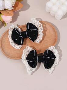 2pcs Black Hair Clips For Women, Solid Corduroy Lace Bow Rhinestone Decorated Elegant Hair Accessories, Suitable For Autumn/Winter, Suitable For Teenagers - Black - View 8