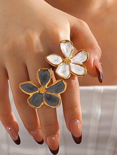 1pc 18K Gold Plated Stainless Steel Exaggerated Drip Oil Flower Design Ring, Suitable For Women's Daily Wear