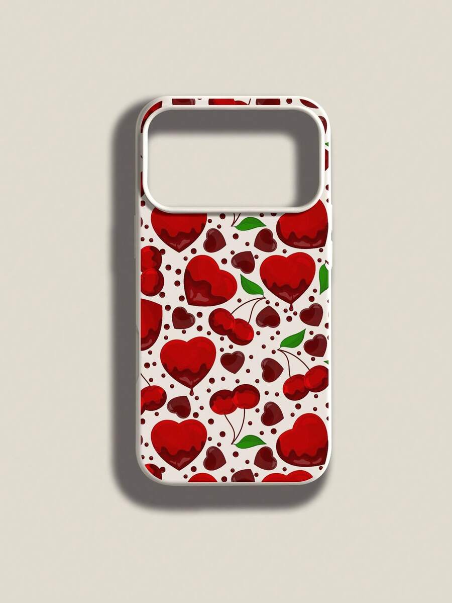 1个时尚创意全屏红色爱心樱桃波点图案液态硅胶防震软手机壳，兼容 11/12/13/14/14 Plus/15/15 Plus/16/16 Plus/17/17 Pro - 彩色 - 查看 1