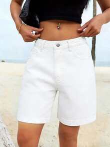 Pantalones cortos de mezclilla de cintura media sin estiramiento para mujer - Lavado clásico, bolsillos funcionales, cómodos y adelgazantes para uso diario y casual - Blanco - Ver 2