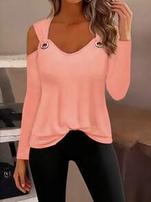 Minimalana Elegant Casual Fashion Off-Shoulder Design U-Neck Cropped Long Sleeve T-Shirt For Women, Spring/Summer - Orange - View 2