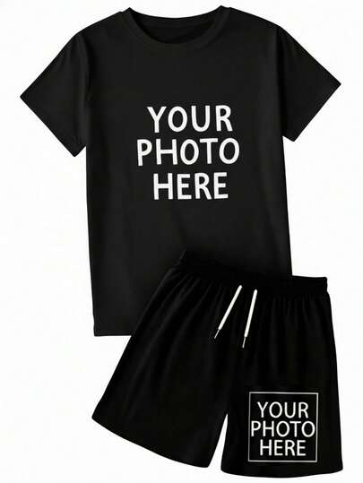 Men's Customizable Shorts And Short-Sleeved Set, Personalized With Text/Photos, Names/Messages/Greetings. Suitable For Various Occasions Such As Birthdays, Valentine's Day, Anniversaries, And Christmas. Upload Photos Of Your Friends, Family, Or Scenery. Men's Loose-Fitting Short-Sleeved T-Shirt, Valentine's Day Custom Gift, Holiday Gift, Summer Clothing, Christmas Apparel, Spring Men's Suit, Men's Top, Gift For Friends, Anniversary Gift, Party Gift, Basketball Uniform, New Year Fashion Item.