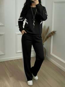 女士条纹印花长袖棕色上衣外套搭配休闲直筒裤套装，弹性面料，百搭春季穿搭，两件套，黑色 - 黑色 - 查看 4