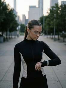 Chaqueta con cierre de cremallera, cuello alto y manga larga de color block casual para mujer - Negro - Ver 3