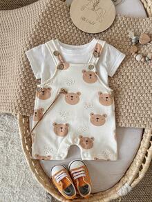 2pcs/Set Newborn Baby Boys Girls Casual Cute Bear Print Romper And T-Shirt Set, Spring/Summer - White - View 5