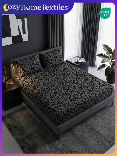 2/3pcs Printed Bedding Set (1pc Bedsheet Set + 1/2pcs Pillowcase Without Pillow Insert), Skin-Friendly Comfortable Mattress Protector, Black Leopard Print Mattress Cover, Soft & Breathable, Multiple Sizes Fit Twin/Full/Queen/King Bed, Machine Washable, Home Decor, Bedroom Decor, OEKO-TEX Certified