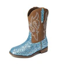 Girls Blue Cowgirl Boots Glitter Western Style Toddler Cowboy Boots Child Mid Calf Rhinestone Riding Shoes Party Birthday Dress Up For Toddler/Little/Big Kid Party School Holiday Dress Up - Màu xanh lam - Xem 3