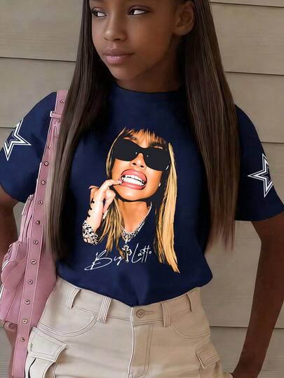 Teenage Girls' Casual Graphic Print Round Neck Short Sleeve T-Shirt, Unique Girl Pattern Print, Soft & Comfortable, Streetwear Style Kids & Girls Clothing, Suitable For Daily Wear, Spring/Summer Travel