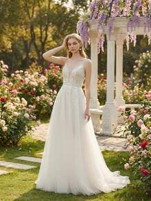 YOUKEFEIER Spaghetti Strap Deep V Lace Embroidery Sexy Long Wedding Dress - Beige - View 4