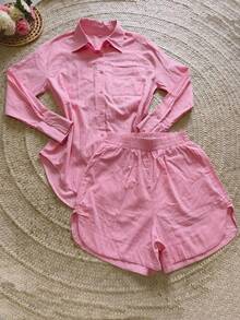 Oversized Shirt And Shorts Set - Light Pink 55 - View 3