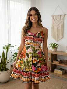 Short, Flowy Tropical Dress For The Beach, Carnival, And Travel, With Adjustable Straps. - Cream Toucan - View 7