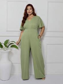 Women's Plus Size Plain Long Jumpsuit, Wide Leg, Short Sleeve, V-Neck, Ruched Front, Comfortable - Verde Oliva - Ver 3