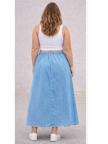 Lightweight Denim Skirt With Elastic Waistband And Pockets - Summer - Rửa nhẹ - Xem 4