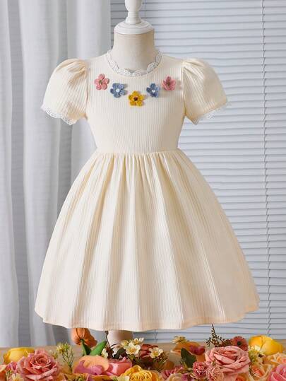 Vestido casual de manga corta con estampado floral colorido, cuello de encaje y costillas de punto para niñas, dulce y suave