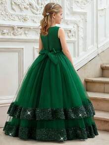 Tween Girls Sequin Mesh Flower Girl Wedding Dress Long Gown, Suitable For Birthday Party, Banquet, Does Not Include Headband - Dark Green - View 5