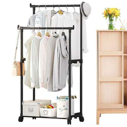 Movable Floor Standing Coat Rack, Home Use Clothes Hanger With Wheels, Storage Rack, Drying Rack, Indoor Floor Standing, Bedroom, Single Rod, Double Rod, Retractable, Movable Clothes & Hat Rack, Suitable For Room, Balcony, Dorm, Living Room, Multi-Tier Storage Rack