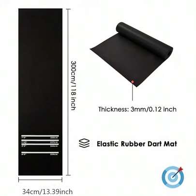 1片专业级弹性橡胶飞镖垫，提升您的飞镖练习体验。适合休闲玩家和竞技爱好者，清晰标示的官方投掷线（7'9¼"、7'6"、7'0"、6'0"）确保每次投掷均符合标准。3毫米厚的弹性橡胶材质具有良好的减震性能，可缓冲掉落的飞镖，保护地板和镖尖免受损坏。